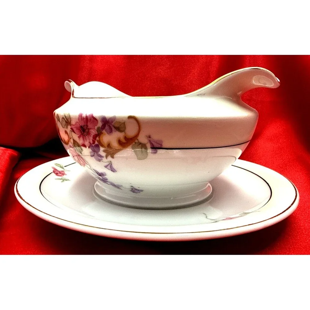 VTG TK Thuny Gravy Boat/Saucer Set~Etonia-Floral w/ Gold Trim~Czechoslovakia